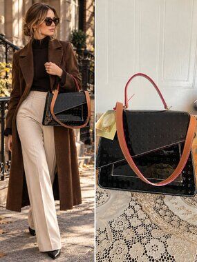 Arcadia Black Tan Patent Monogram Satchel Asymmetric Flap Italian Luxury NWT